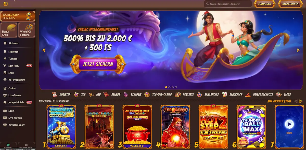 Alawin Casino Lobby mit Slots und Live-Tischen