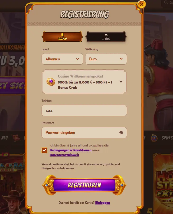 Registrierungsformular von Alawin Casino