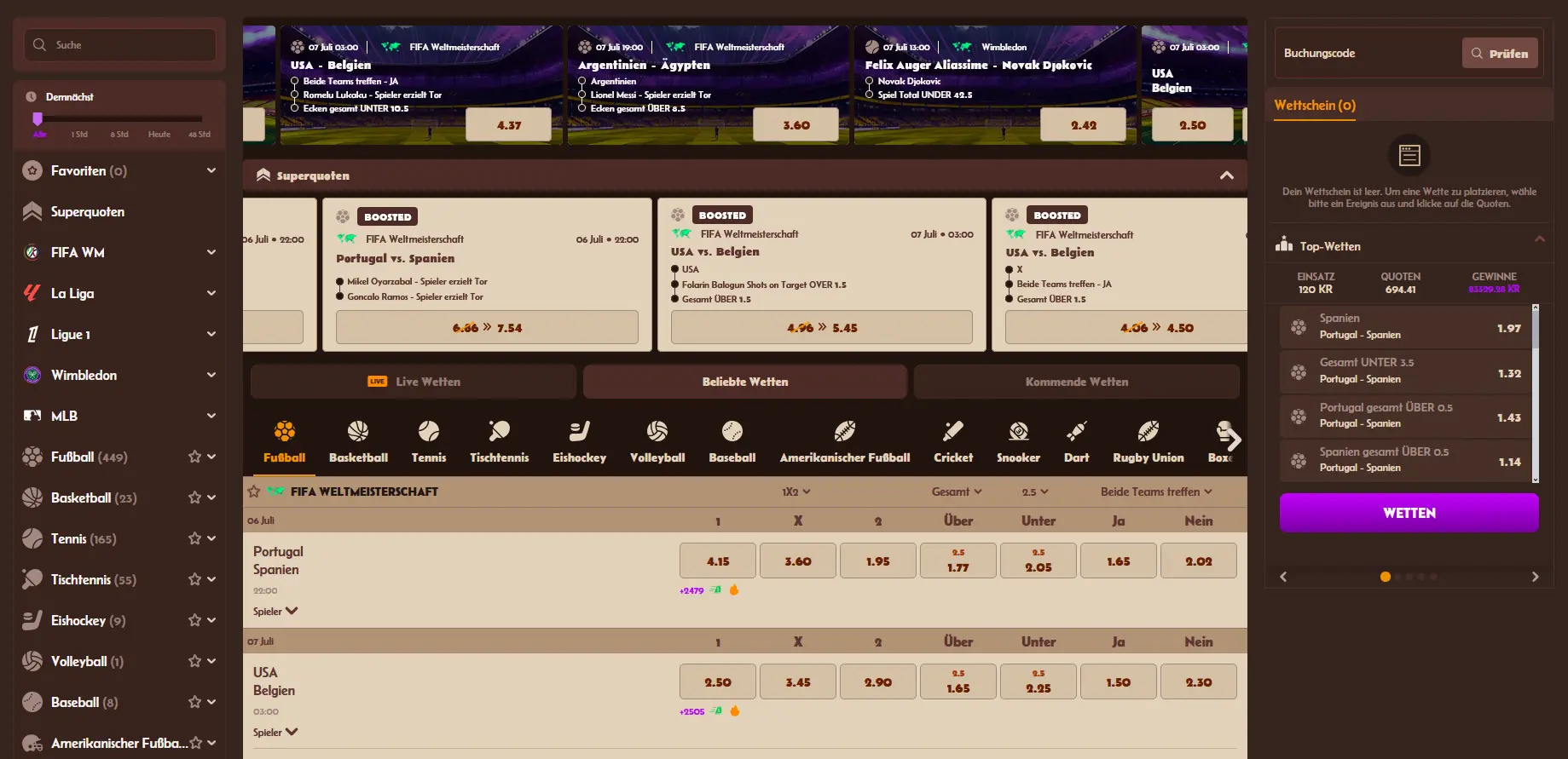 Sportwetten-Bereich in der mobilen Version von Alawin